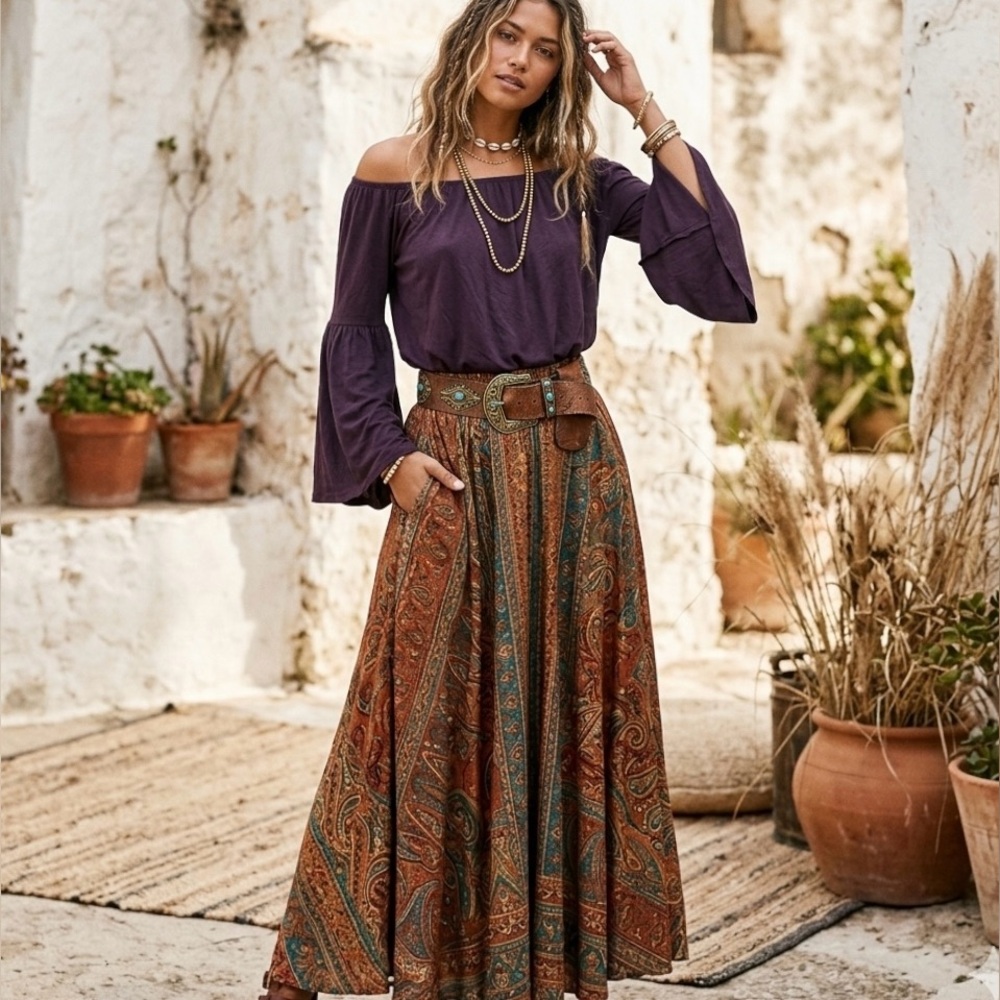 Survival Flowy Flared Bell Sleeve Off Shoulder Purple Blouse Top L Bohemian